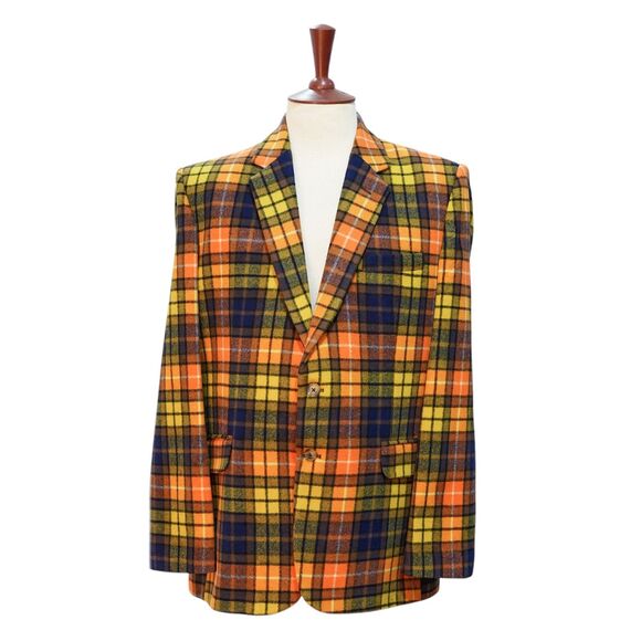 Chiragh Apparel Other - Mens Wool Sport Coat 44R Orange Yellow Blue Plaid Blazer 2 Button Wedding Formal